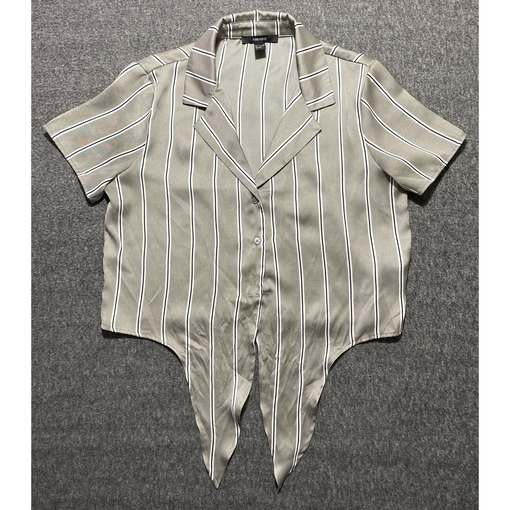 Forever 21 Women White Striped Button up Front Tie Shirt Size M